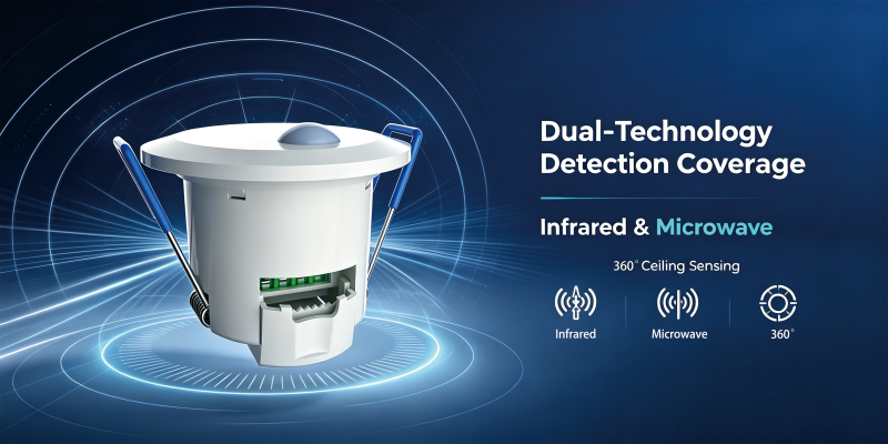 Le PD-PRW26D est un capteur de mouvement monté au plafond qui combine les technologies de détection micro-ondes et infrarouge au sein d'une seule unité.